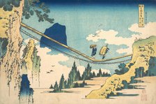 The Suspension Bridge on the Border of Hida and Etchu Provinces (Hietsu no sakai tsuri..., ca. 1830. Creator: Hokusai.