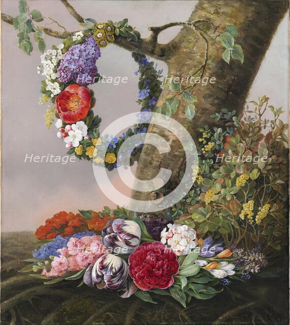 A bouquet of flowers at the foot of a tree; A wreath hangs on a branch, 1832. Creator: Christine Lovmand.