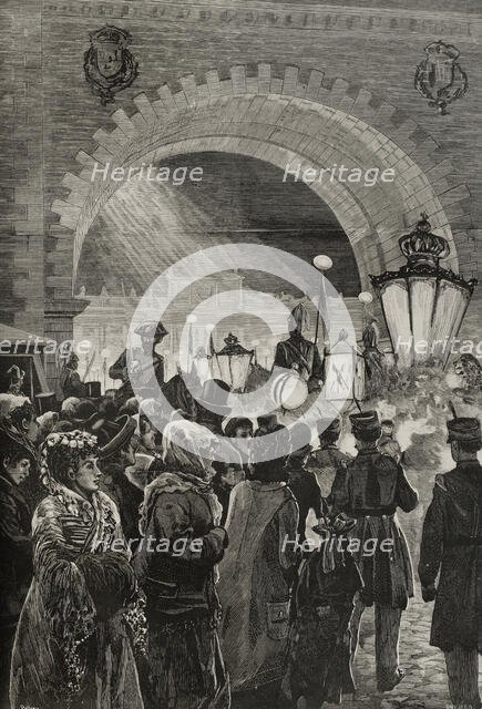 Crowds and soldiers during royal wedding celebrations, Madrid, January 27, 1878.  Creator: Andrés Ovejero.