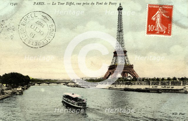 The Eiffel Tower viewed from the Pont de Passey, Paris, France, 1907. Artist: Unknown