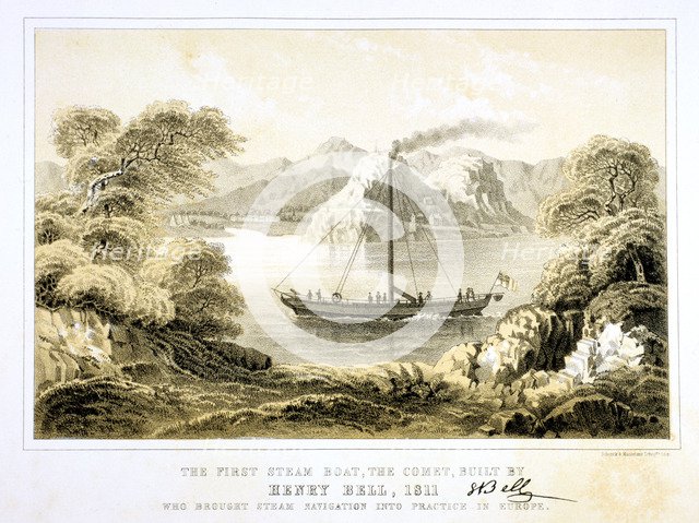 Henry Bell's steam boat 'Comet' of 1811, (1856).  Artist: Anon
