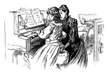 Young girl being given a piano lesson, Paris, 1889. Artist: Unknown