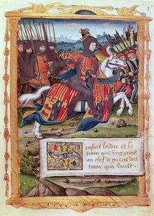Head of a host riding at the head of a group of pikemen, miniature of a French codex on the art o…