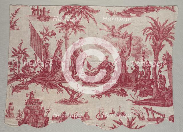 Fragment of Copperplate Printed Linen with "America Doing Homage to France" Design, 1790. Creator: Unknown.