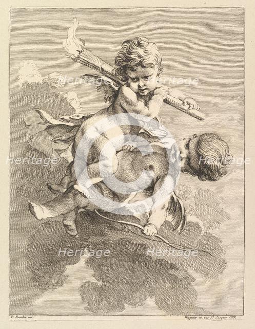 Two Cupids, One Carrying a Torch, Another a Bow, 1727-60. Creator: Pierre Alexandre Aveline.