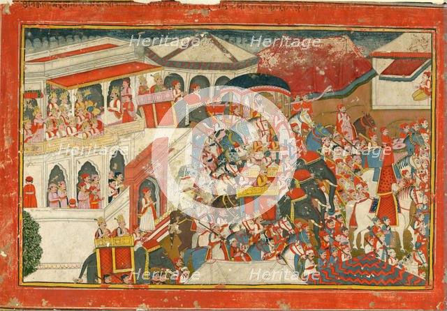 Krishna and Balarama setting off from a palace, c. 1840. Artist: Indian Art  