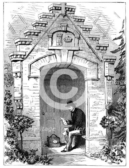 Benjamin Disraeli (1804-1881) reading letters in the porch of Hughenden Lodge, 19th century. Artist: Unknown