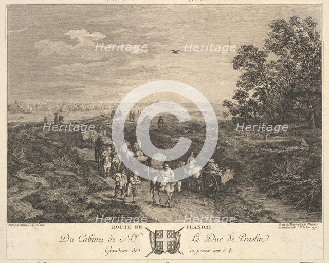 Flanders Road (Route de Flandre) after a painting in the collection of the Duc de Praslin, 1772. Creators: Balthasar Anton Dunker, Jacques Philippe Le Bas.