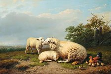 Sheep, Hen and Chicks in a Landscape, 1865. Creator: Eugène Verboeckhoven.