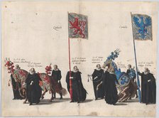 Plate 39: Men with heraldic flags and horses from Burgundy and Artois marching in the fune..., 1623. Creator: Cornelis Galle I.