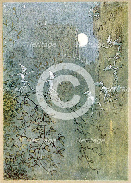 Search Windsor Castle, elves, within and out, from The Merry Wives of Windsor, pub. 1910. Creator: Hugh Thomson (1860 - 1920).