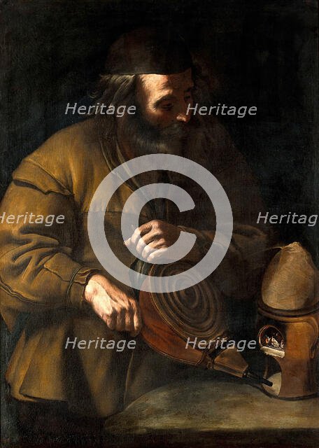 An alchemist applying bellows to a fire beneath a retort, 18th (?) century. Creator: Unknown.