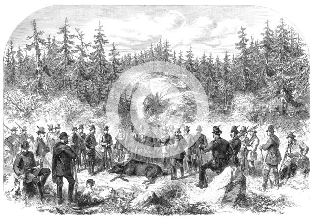 Visit of the Prince and Princess of Wales to Sweden: elk-shooting in the Forest of Högtorp…, 1864. Creator: Unknown.
