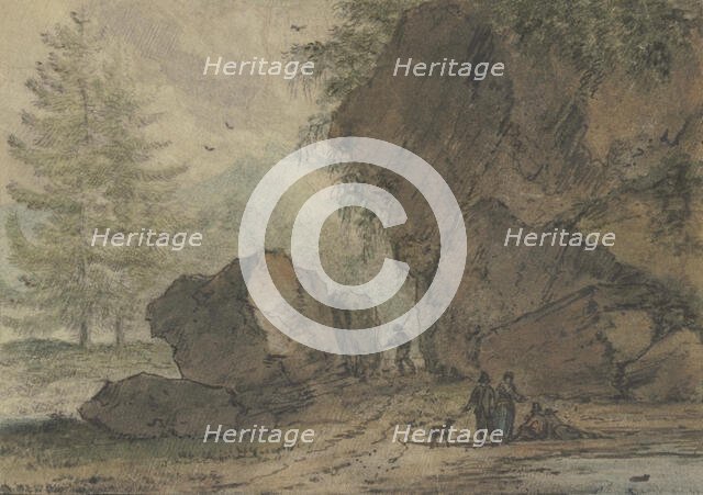 Large rock formation by a puddle. which depicts several standing and seated figures. Creator: Allart van Everdingen.