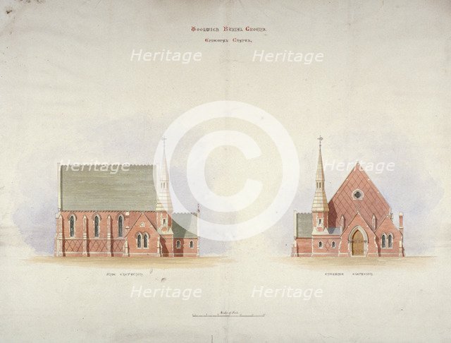 Elevation of the side and entrance of Woolwich Chapel, London, 1855. Artist: Anon