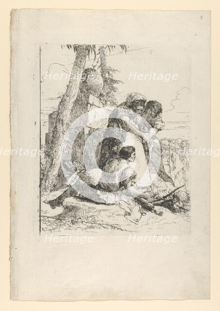 Magician pointing out a burning head to two youths, from the Scherzi, ca. 1743-50. Creator: Giovanni Battista Tiepolo.