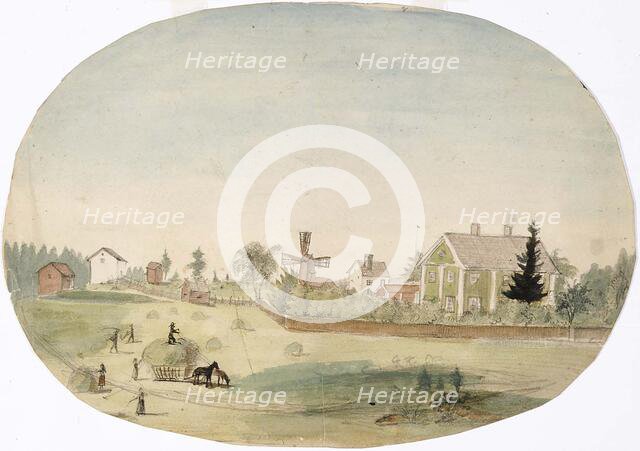 Making hay in front of the farmhouse, 1850-1855. Creator: Karl Anders Ekman.