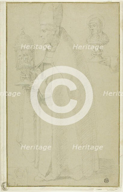 A Bishop Carrying a Reliquary with a Skull and Study of Two Hands Holding a Reliquary of a..., n.d. Creator: Unknown.