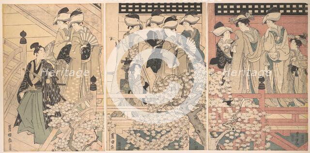 Beauties on a Veranda among Cherry Blossoms from which a Samurai is Departing, ca. 1800. Creator: Utagawa Toyokuni I.