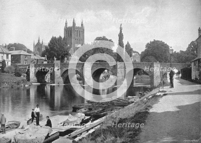 'Hereford Cathedral and Wye Bridge', c1896. Artist: J Thirwall.