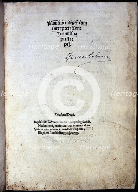 First page of 'Platus integer cum interpretatione Joanni Baptistae pii' by Plautus, 1500. Creator: Plautus (251 bC - 184 bC).