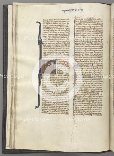 Fol. 20v, Exodus, historiated initial H, Moses and two followers with the tablets of the law, c. 127 Creator: Unknown.