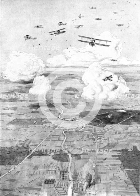 ''Combat Aerien; Un raid de jour; Escadre Francaise sur l'objectif; des usines au d'une...', 1918. Creator: Etienne Cournault.