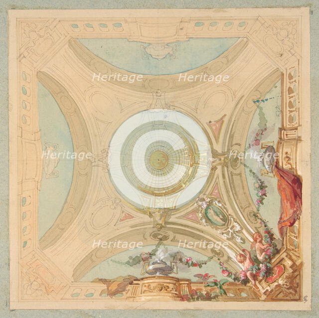 Design for a ceiling with garland bearing putti, second half 19th century. Creators: Jules-Edmond-Charles Lachaise, Eugène-Pierre Gourdet.