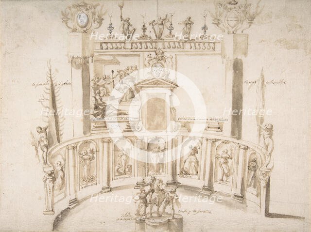 Design for a Garden Fête with a Semi-circular Wall and Statues in Niches., ca. 1635-79. Creator: Francesco Allegrini.