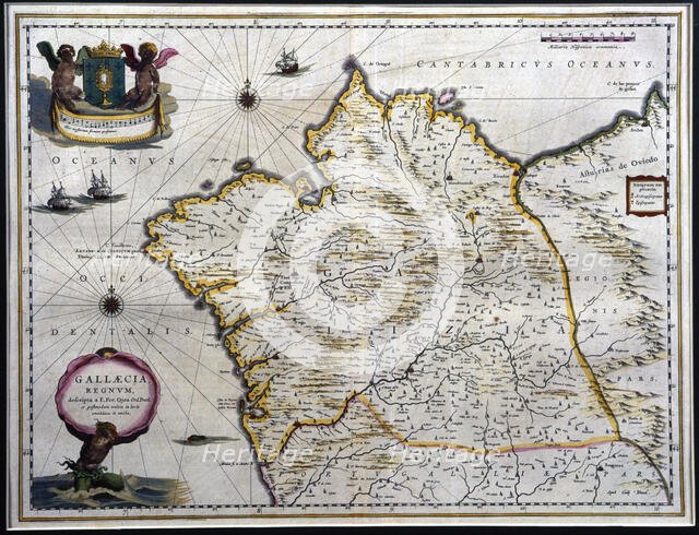 Gallaecia Regnum', described by F. Fer. Ojea. Map of the kingdom of Galicia coloured...c.1640. Creator: Blaeu, Jan (1596-1673).