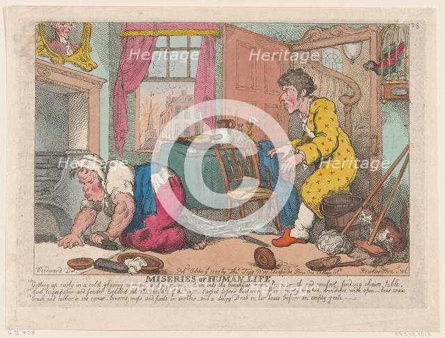 The Miseries of Human Life: Getting Up Early in a Cold Gloomy Morning...Before ..., October 9, 1807. Creator: Thomas Rowlandson.