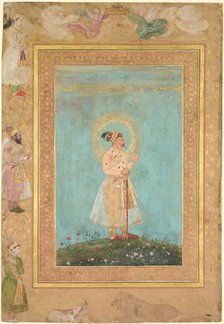 Shah Jahan holding a spinel and a long Deccan sword, from the Late Shah Jahan Album, c. 1650. Creator: Hashim (Indian, active 1598-c.1650), attributed to.