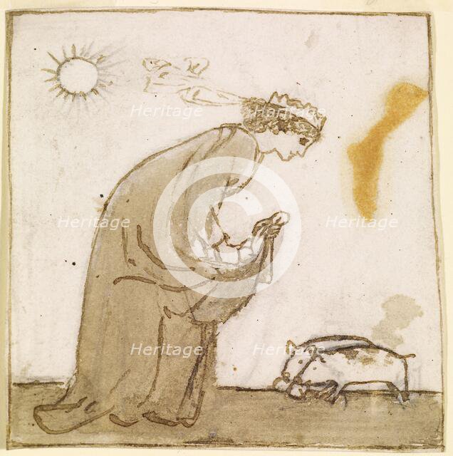 Ladies and Animals Sideboard - Good and Bad Animals - Study of a Lady Feeding Pigs, c1860. Creator: Sir Edward Coley Burne-Jones.