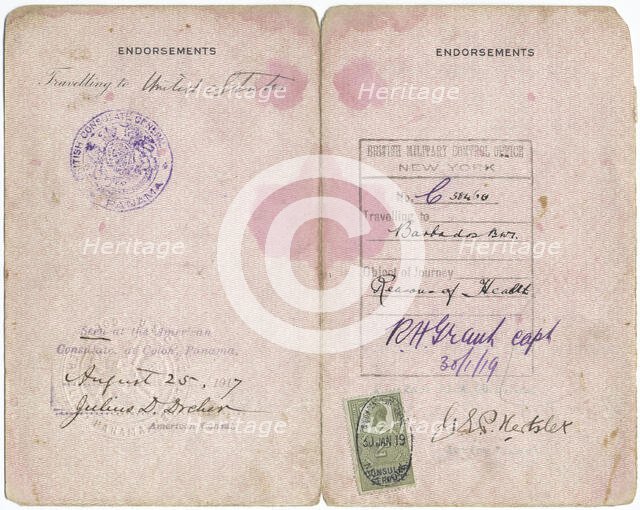 Caltilda Downes: Barbados Passport, interior, 1919. Creator: Unknown.