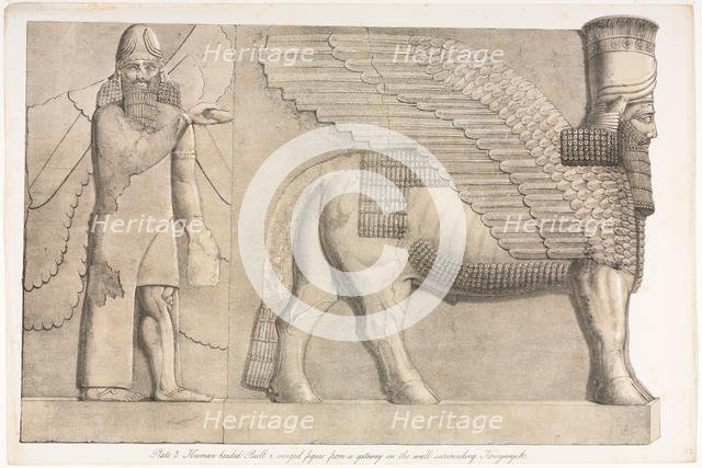 Monuments of Ninevah: Plate 3, Human-headed Bull and Winged Figure..., 1853. Creator: Austen Henry Layard (British, 1817-1894).