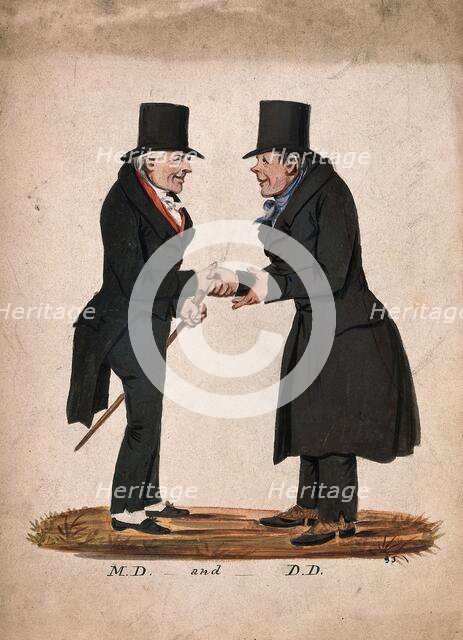 A physician and a divine shaking hands on meeting, 1830-1850. Creator: Stephen Jenner.