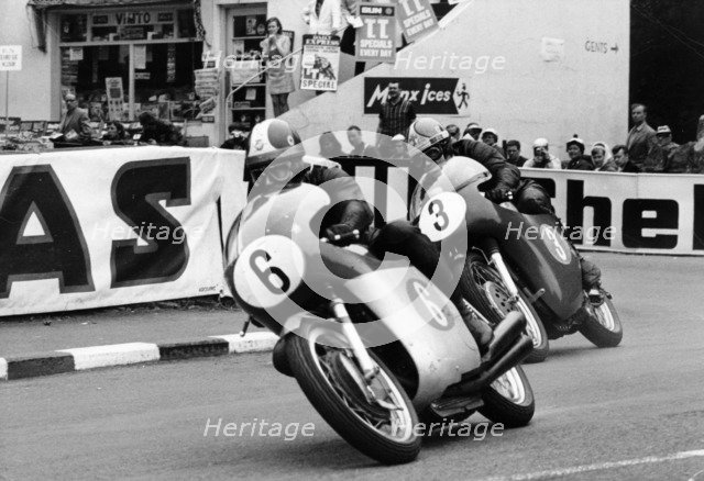 Giacomo Agostini on bike number 6, Tom Dickie on bike number 3, Isle of Man Junior TT, 1968. Artist: Unknown