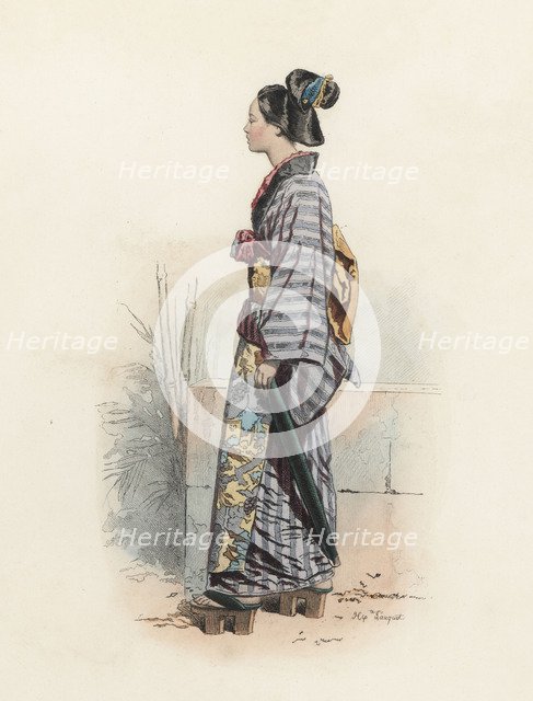 Japanese woman dressed in street clothes, color engraving 1870.