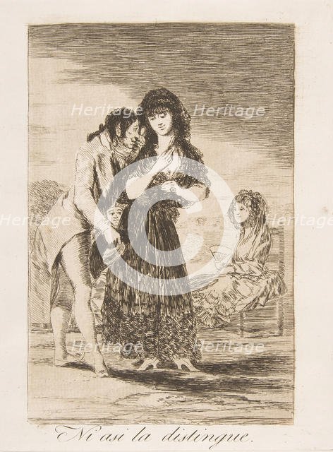 Plate 7 from 'Los Caprichos' : Even thus he cannot make her out (Ni asi la distingue.), 1799. Creator: Francisco Goya.