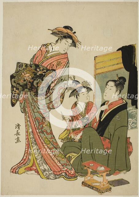 The Actor Nakamura Riko with a courtesan, from an untitled series of aiban prints..., c. 1781/82. Creator: Torii Kiyonaga.