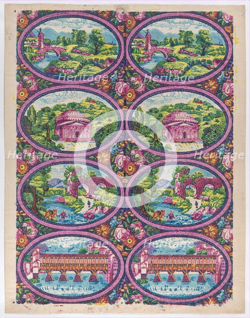 Sheet with two borders with Italian landscapes, late 18th-mid-19th c..., late 18th-mid-19th century. Creator: Anon.