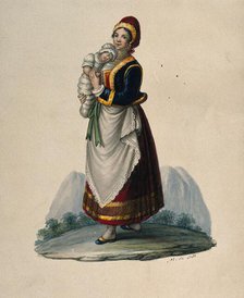 A wet-nurse dressed in Neapolitan costume holding a baby. Creator: M de Sate.