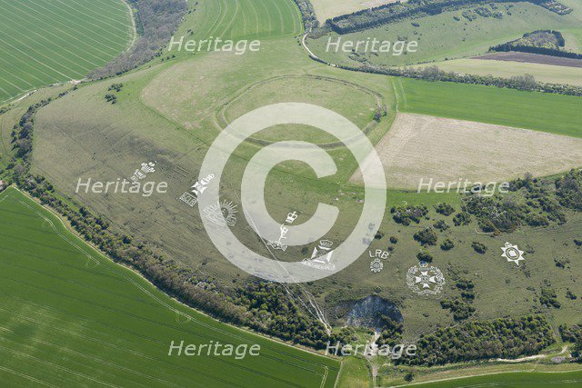 Chalk military badges and Chisenbury Camp univallate hillfort, Fovant Down, Wiltshire, 2015. Creator: Historic England Staff Photographer.