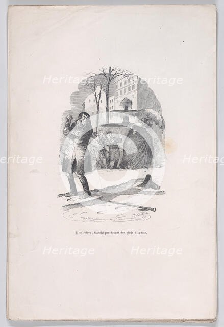 He gets up, covered from head to toe in snow. from the Little Miseries of Human Life, 1843. Creator: Jean Ignace Isidore Gerard.
