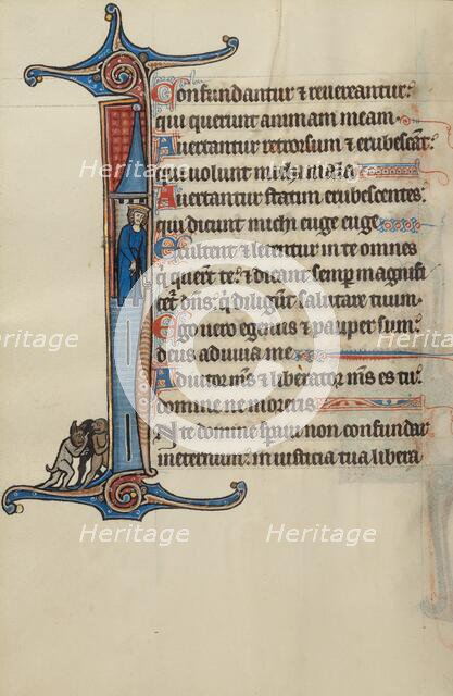 Initial I: David atop a Tower Pointing to Three Demons Below; Bute Psalter, about 1285. Creator: Bute Master.