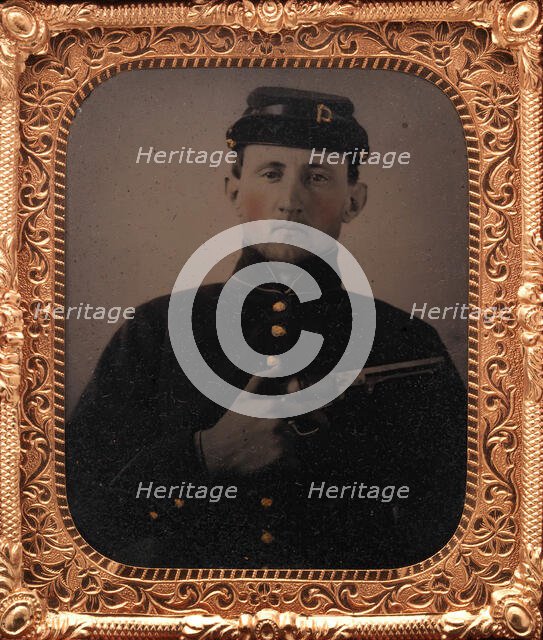 Union Soldier with Colt Revolver, in Studio, 1861-65. Creator: Unknown.