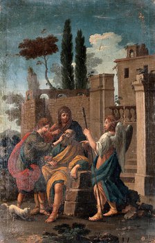 Tobias curing the blindness of Tobit, with Anna and Raphael. Creator: After G. Zocchi..
