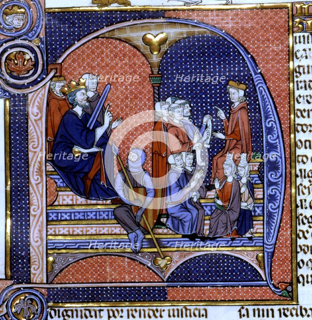 King as judge and two lawyers with their clients, Miniature in 'Vidal Mayor', illuminated manuscr…