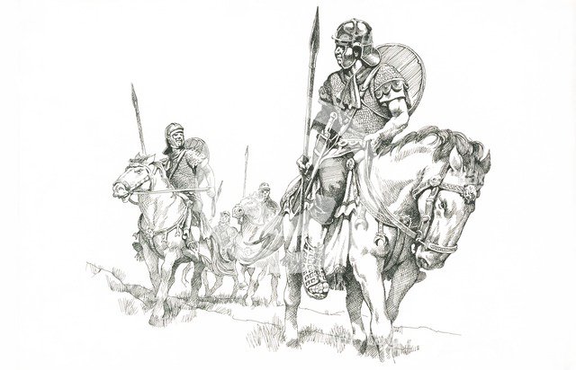 Roman soldiers on patrol near Hadrian's Wall, c1985-c2000. Artist: Philip Corke.