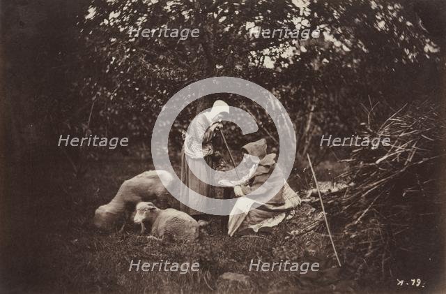 Two Shepherdesses Resting with Two Sheep, late 1870's. Creator: Auguste Giraudon's Artist (French).